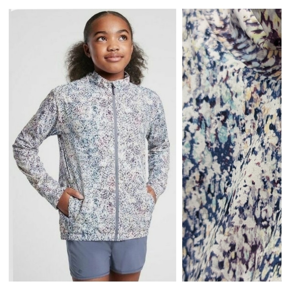 Athleta Girl Jacket XL 14 Full Zip Ice Storm Pattern Abstract Blue Jersey 1183